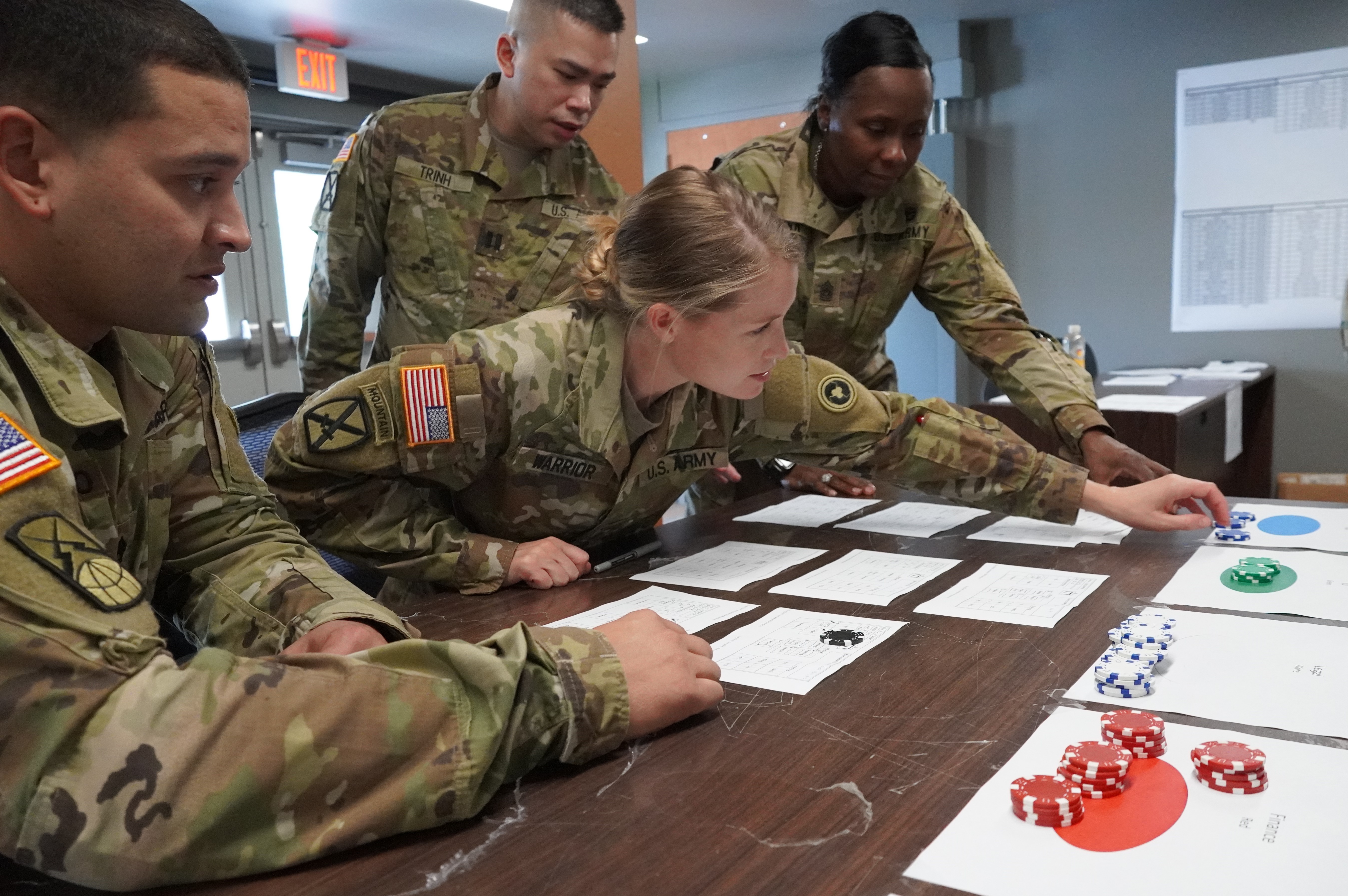 Representatives from 469th Combat Support Sustainment Battalion overseeing administration for mobilizing Soldiers calculate unitthroughput during Level 1 Mobilization Tabletop Exercise, July 2022, Fort McCoy, Wisconsin (U.S. Army/Cheryl Phillips))